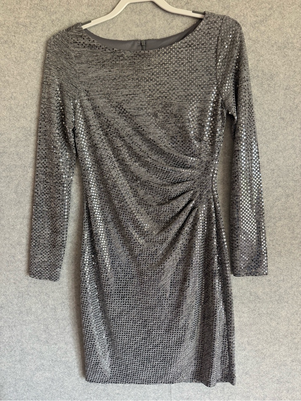 Vince Camuto Silver Metallic Sequin Long-Sleeve Ruched Mini Cocktail Dress